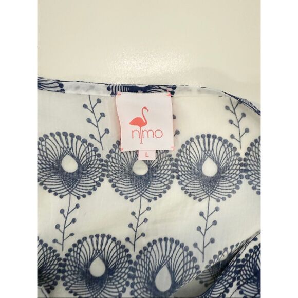 Nimo Blue White Pom Pom Embroidered Cotton Silk Dress Size Large - Picture 7 of 8